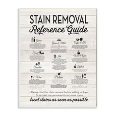 the stain removal reference guide is shown on a white wooden background with black lettering and an old