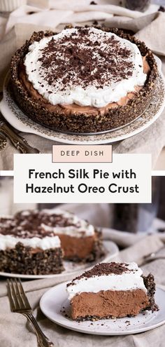 french silk pie with hazelnut oreo crust on a white plate, and another dessert in the background