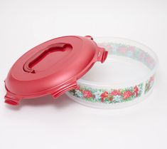 two plastic bowls with floral designs on them, one has a red lid and the other is white