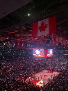 an indoor hockey arena with fans and canadian flag