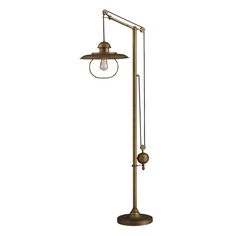 an old fashioned floor lamp with a light bulb on the top and one arm in brass