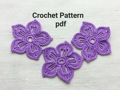 three crochet flower appliques are shown in purple, with the words crochet pattern pdf below it