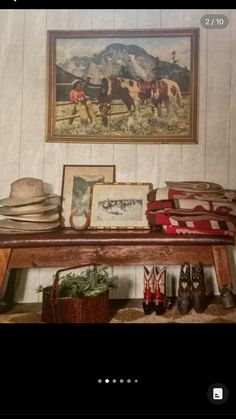 a table with hats and pictures on it