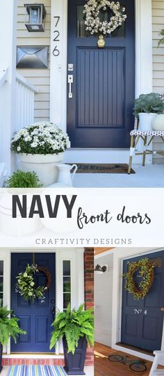 navy front doors with potted plants and wreaths on the door, and an image of