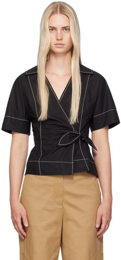 Organic cotton poplin blouse. · Wrap construction · Spread collar at V-neck · Self-tie fastening at front · Contrast stitching in white Supplier color: Black Poplin Blouse, Black Wrap, Wrap Blouse, Work Blouse, Contrast Stitch, Cotton Poplin, Apparel Accessories, Shirts Tops, Fashion Inspiration