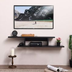 a flat screen tv sitting on top of a wooden shelf next to a potted plant