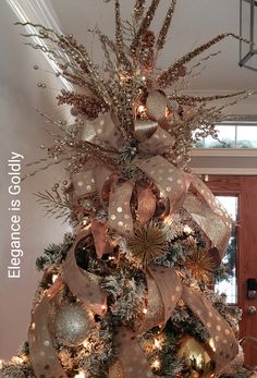 a decorated christmas tree with gold and silver ornaments on it's top, in front of a door