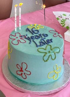 a birthday cake with lit candles on a table