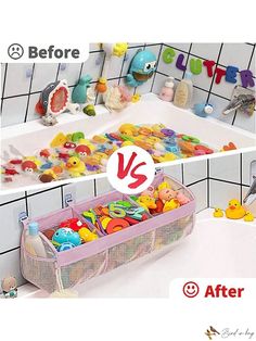 two pictures side by side with toys in the bathtub