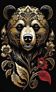 a black and gold bear with flowers on it's chest, in front of a black background