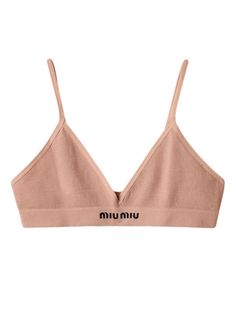 beige cotton fine ribbed seamless adjustable spaghetti straps triangle cup non-wired jacquard logo motif elasticated underband Bra Fashion, Cotton Bra, Bra Items, Cotton Bras, Bra Cups, Nightwear, Miu Miu, Spaghetti Strap, Fashion Branding