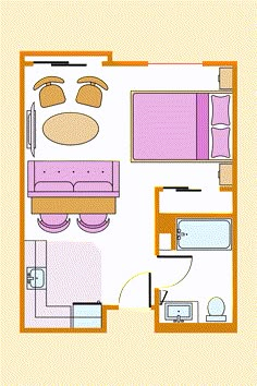 the floor plan for a small apartment with two beds and one living room in it