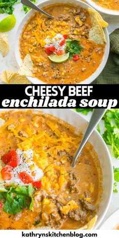 two bowls filled with cheesy beef enchilada soup