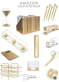 an assortment of office supplies including gold and white items, such as binders, pens, scissors, pencils and paper clips