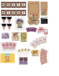 an assortment of movie themed items including popcorn boxes, tickets and other paper goods are arranged on a white background