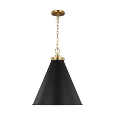 a black and gold pendant light with a chain hanging from the bottom, on a white background