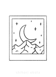 a black and white drawing of the moon over mountains