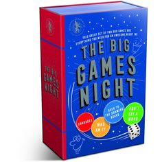 the big game's night box set with dices and numbers on it, sitting in front of a white background