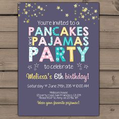 a purple and yellow birthday party card with the words pizza and pajamas party on it