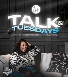 a woman sitting on top of a couch in front of a black wall with the words talk