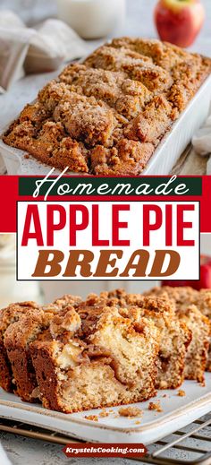 homemade apple pie bread on a baking sheet with apples in the background and text overlay that reads homemade apple pie bread