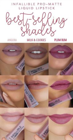 The three best-selling shades of new L'Oreal Infallible Pro-Matte Liquid Lipstick: 360 Angora, 364 Milk & Cookies, and 362 Plum Bum. 3 nude matte liquids that last all day. Maquillaje Kylie Jenner, Infallible Pro Matte, Nails Wedding, Milk Cookies, Natural Beauty Tips, Lip Art, Drugstore Makeup, Lipstick Shades, Matte Liquid Lipstick