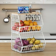 three tiered fruit and vegetable storage rack in the kitchen