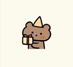 a brown bear holding a present box with a party hat on it's head