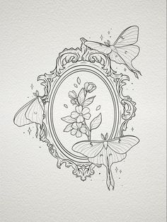 a black and white drawing of two butterflies in a round frame with flowers on it