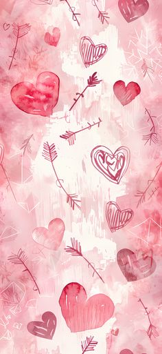 hearts and arrows drawn on pink watercolor paper