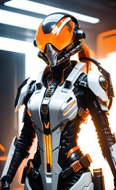 a futuristic woman in an orange and white suit