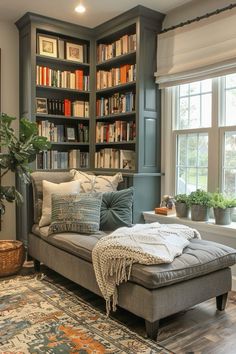 a living room filled with lots of bookshelves next to a couch and rug