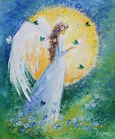 an angel with white wings and blue flowers in front of a yellow sun surrounded by butterflies