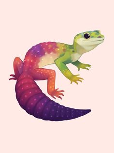 an illustration of a colorful lizard with spots on it's body and legs, standing upright in the air