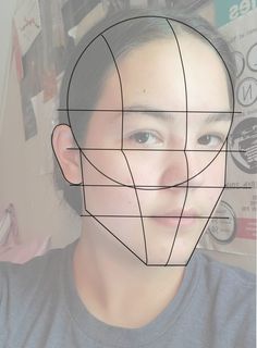 a woman's face is shown with lines drawn across the top of her head