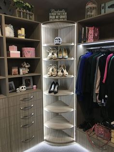 an organized closet with shoes and handbags on the shelves in front of it is lit by lights