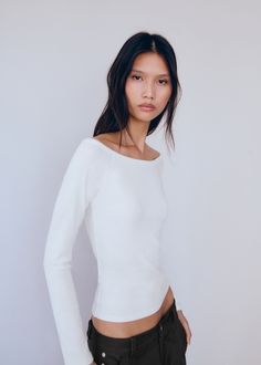 Cotton boat neck t-shirt - Women | MANGO USA Basic Tees Women, Boat Neck Top, Boat Neck Long Sleeve, Boat Neck Tshirt, White Stretch Boat Neck Top, Boat Neck Long Sleeve Shirt, White Long Sleeve Relaxed Fit T-shirt, Unisex White Long Sleeve T-shirt, Organic Cotton Long Sleeve T-shirt