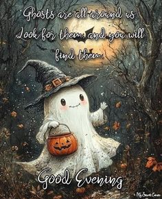 a halloween card with a ghost holding a pumpkin