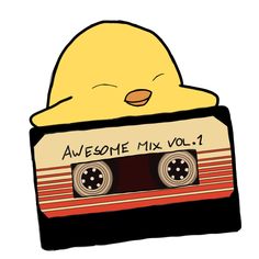 a yellow bird is sitting on top of an old fashioned tape recorder with the words awesome mix vol 1 printed on it