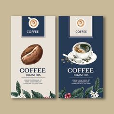 two vertical banners with coffee and roasting beans on them, one is blue and the other is white