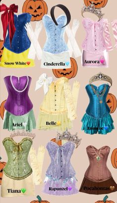 many different types of corsets are shown in this image, with pumpkins behind them