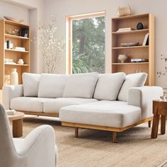 a living room filled with furniture and bookshelves in front of a large window