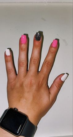 Short Pink And Black Acrylic Nails, Black White Hot Pink Nails, Hot Pink Black And Silver Nails, Back And Pink Nails, Hot Pink And Black Nail Ideas, Black Nails Accent Nail, Hot Pink And Black Prom Nails, Pink And Black Hoco Nails, Hot Pink Hoco Makeup