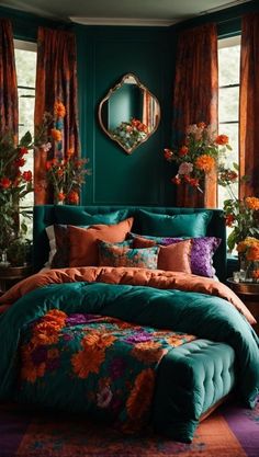 a bedroom with green walls, orange and pink flowers on the bedspread and curtains