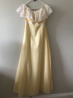 "Yellow and white gingham check long dress. Circa 1970's empire waist gown. Possibly a bridesmaid's gown from that era. Label reads: \"Priscilla of Boston\". Very good vintage condition. Small size possible size 6 Measurements are: Waist.... Bust Length.... Feel free to convo me with any further questions. Thank you for your interest." Priscilla Of Boston, Empire Waist Gown, Vintage Bridesmaids, Old Fashion Dresses, 70’s Fashion, Fashion Pieces, Bridesmaid Gown, Gingham Check, Wellness Products