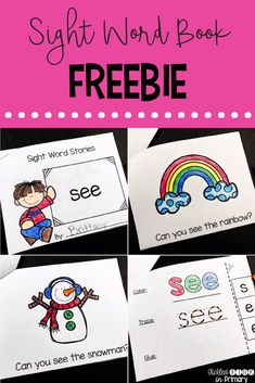 sight word book freebie with pictures of snowmen and rainbows on the pages