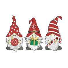 three gnomes with christmas gifts in their hands