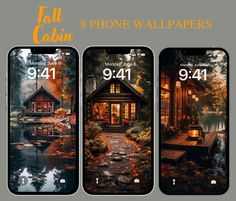 three iphone screens showing the fall cabin theme