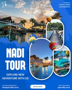 an advertisement for the naddi tour with hot air balloons flying over water and palm trees