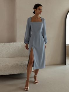 Flared angular-cut midi dress :: LICHI - Online fashion store Online Fashion Store, Looks Chic, Online Fashion Stores, Classy Dress, Guest Dresses, Satin Dresses, Dress Materials, Blue Dress, Elegant Dresses